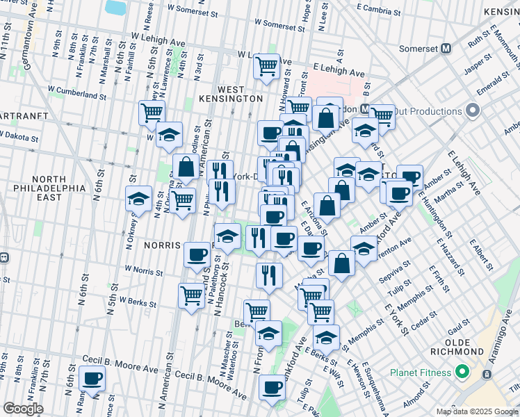 map of restaurants, bars, coffee shops, grocery stores, and more near 2219 Waterloo Street in Philadelphia