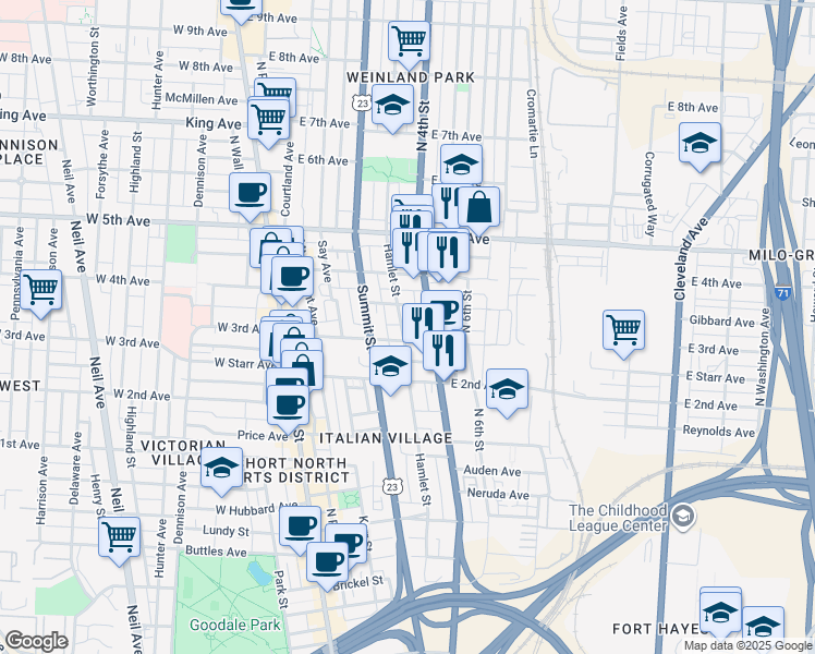 map of restaurants, bars, coffee shops, grocery stores, and more near 194 East 3rd Avenue in Columbus