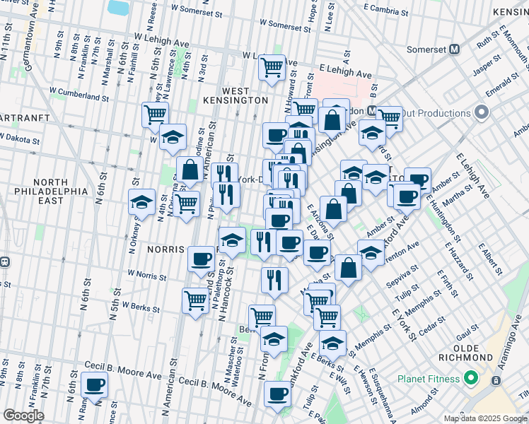 map of restaurants, bars, coffee shops, grocery stores, and more near 2219 Waterloo Street in Philadelphia