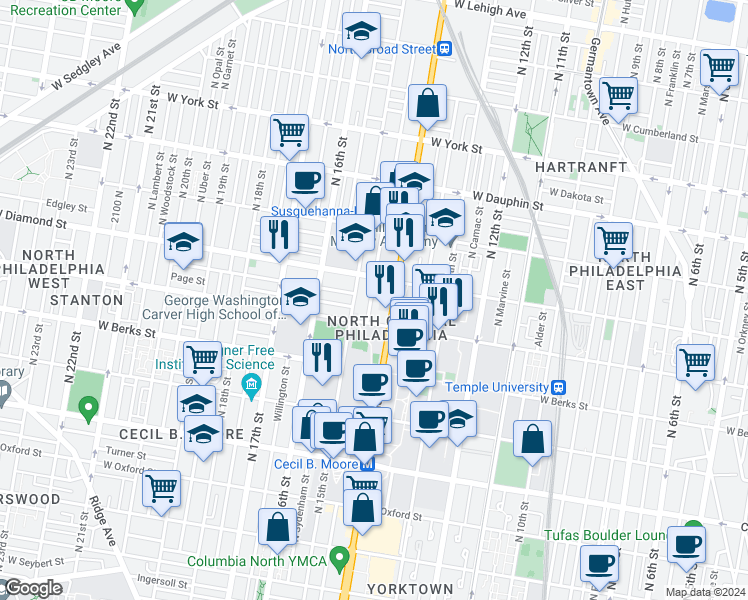 map of restaurants, bars, coffee shops, grocery stores, and more near 2031 North Carlisle Street in Philadelphia