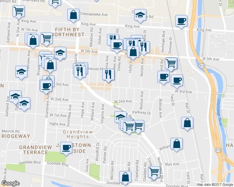map of restaurants, bars, coffee shops, grocery stores, and more near 1231 Oxley Road in Columbus