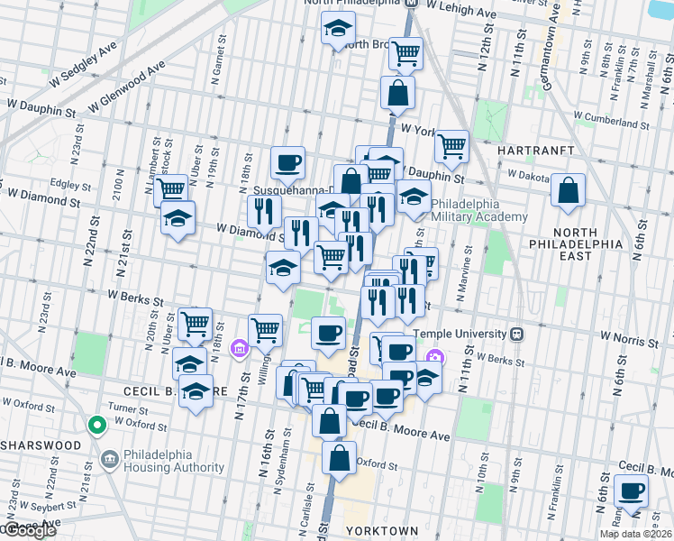 map of restaurants, bars, coffee shops, grocery stores, and more near 2029 North Carlisle Street in Philadelphia