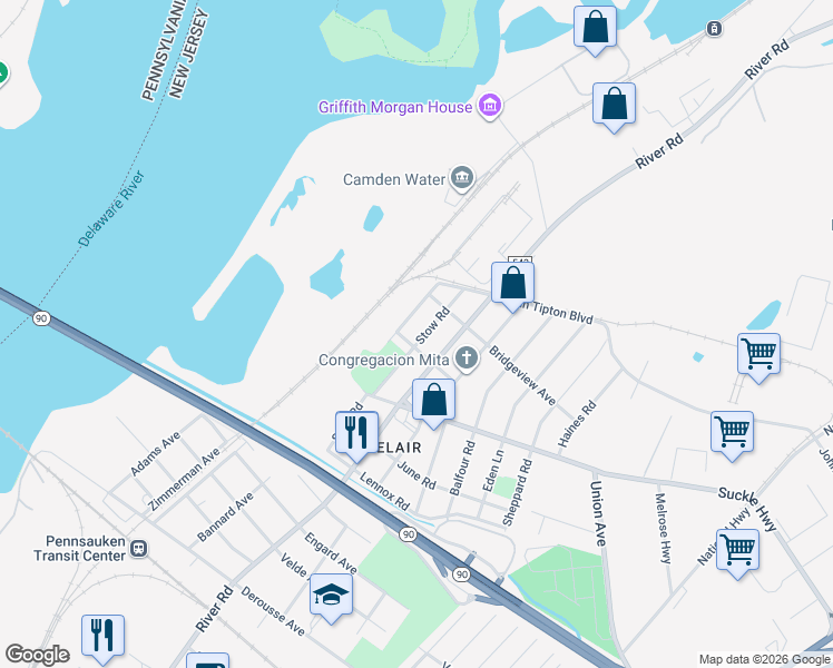 map of restaurants, bars, coffee shops, grocery stores, and more near 8313 Stow Road in Pennsauken Township