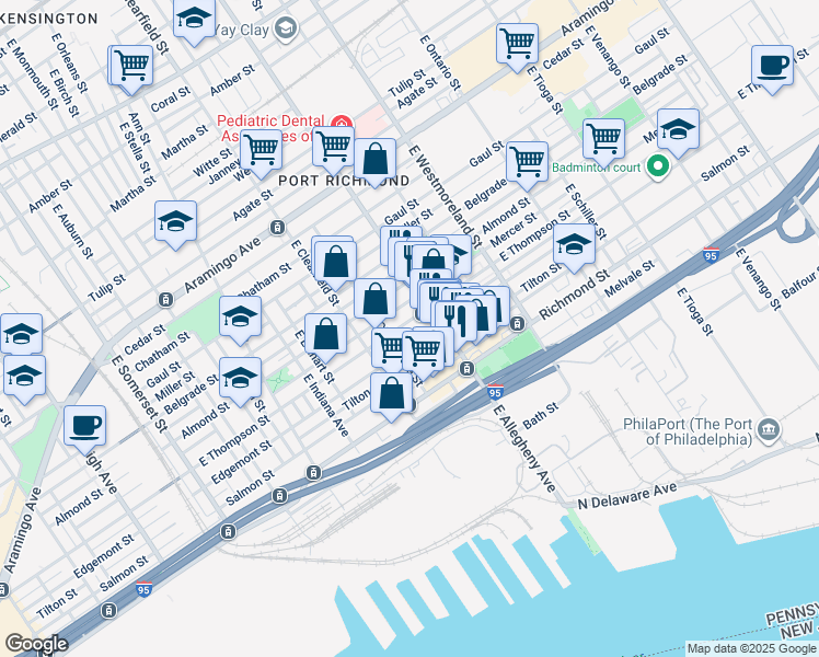 map of restaurants, bars, coffee shops, grocery stores, and more near 3165 East Thompson Street in Philadelphia