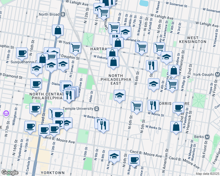 map of restaurants, bars, coffee shops, grocery stores, and more near 2124 North Darien Street in Philadelphia