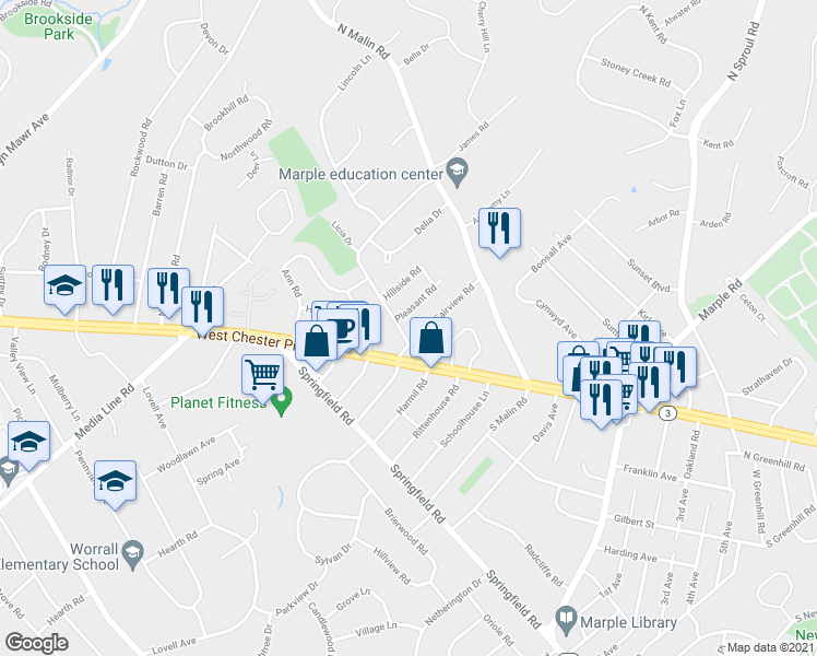 map of restaurants, bars, coffee shops, grocery stores, and more near 9 James Road in Broomall