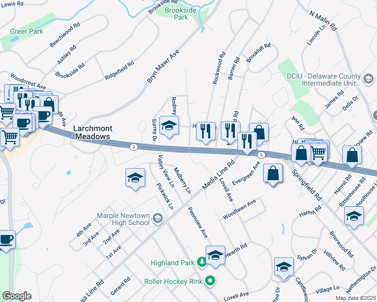 map of restaurants, bars, coffee shops, grocery stores, and more near 1 Radnor Drive in Newtown Square