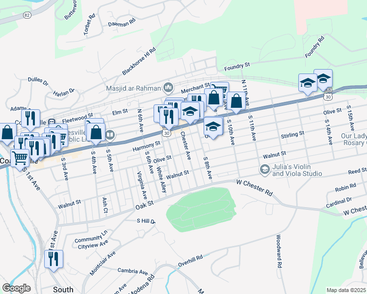 map of restaurants, bars, coffee shops, grocery stores, and more near 40 Chester Avenue in Coatesville