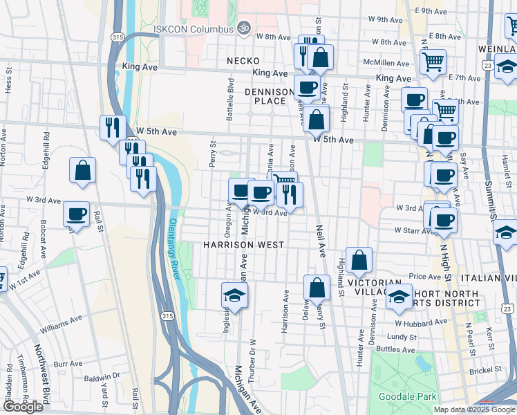 map of restaurants, bars, coffee shops, grocery stores, and more near 410 W 3rd Ave in Columbus