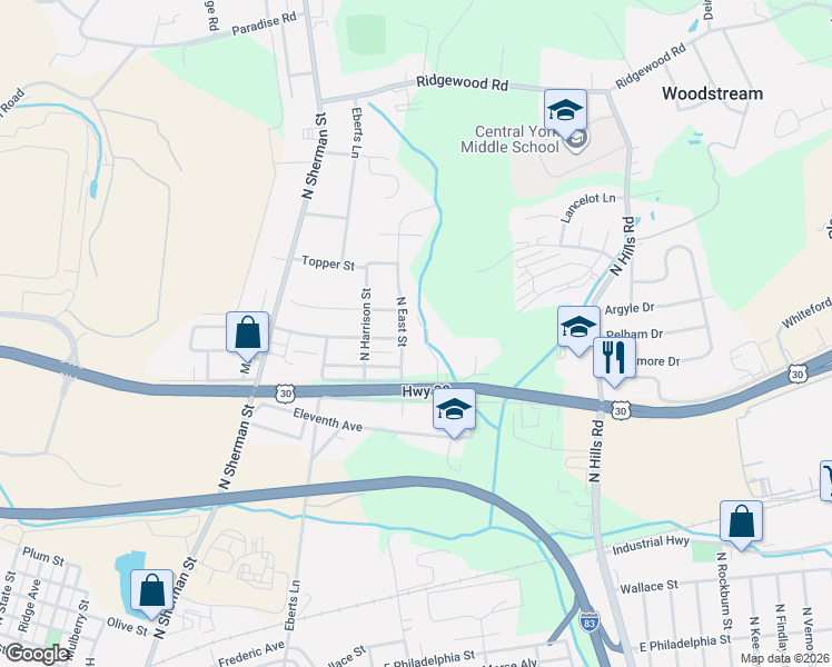 map of restaurants, bars, coffee shops, grocery stores, and more near 1501 North East Street in York