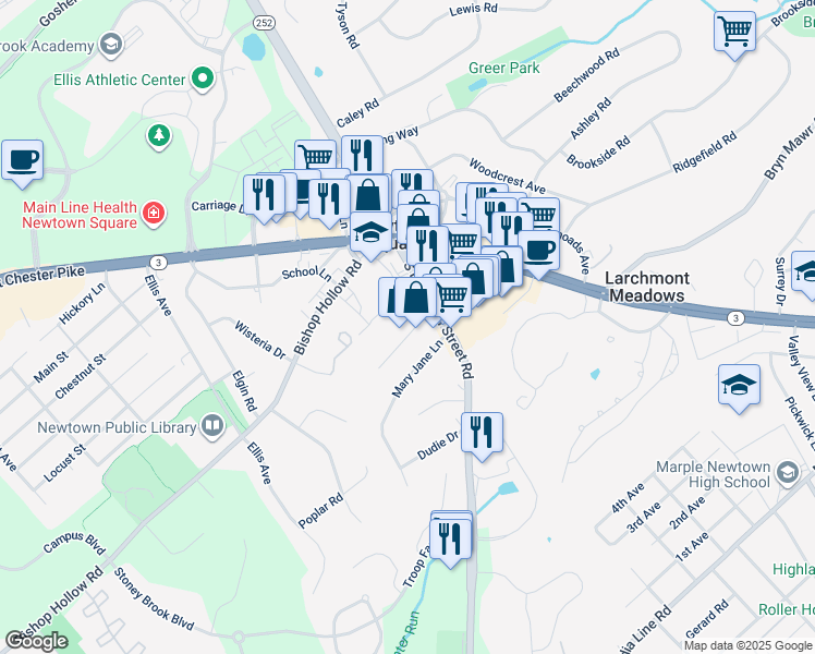 map of restaurants, bars, coffee shops, grocery stores, and more near 17 Reese Avenue in Newtown Square