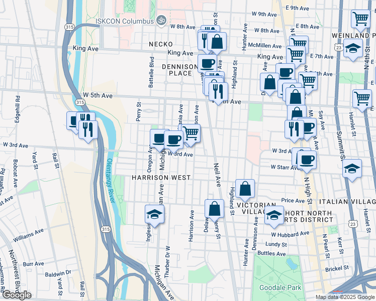 map of restaurants, bars, coffee shops, grocery stores, and more near 354 West 3rd Avenue in Columbus
