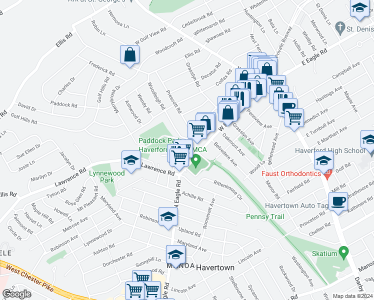 map of restaurants, bars, coffee shops, grocery stores, and more near 312 West Hillcrest Avenue in Havertown