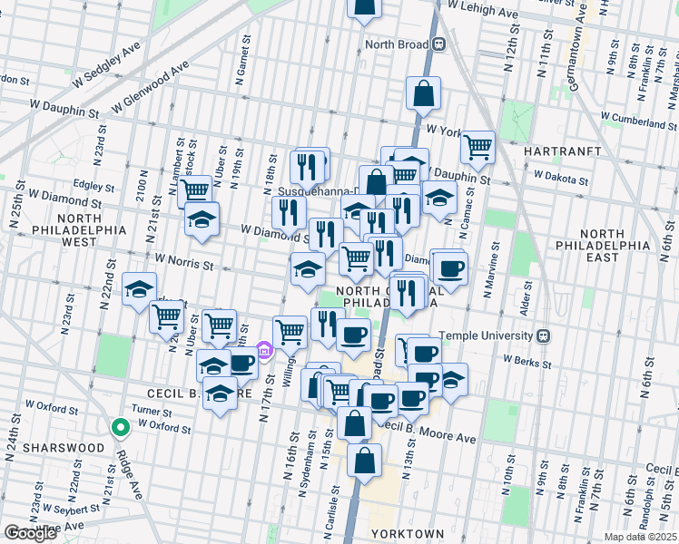 map of restaurants, bars, coffee shops, grocery stores, and more near 1531 Page Street in Philadelphia