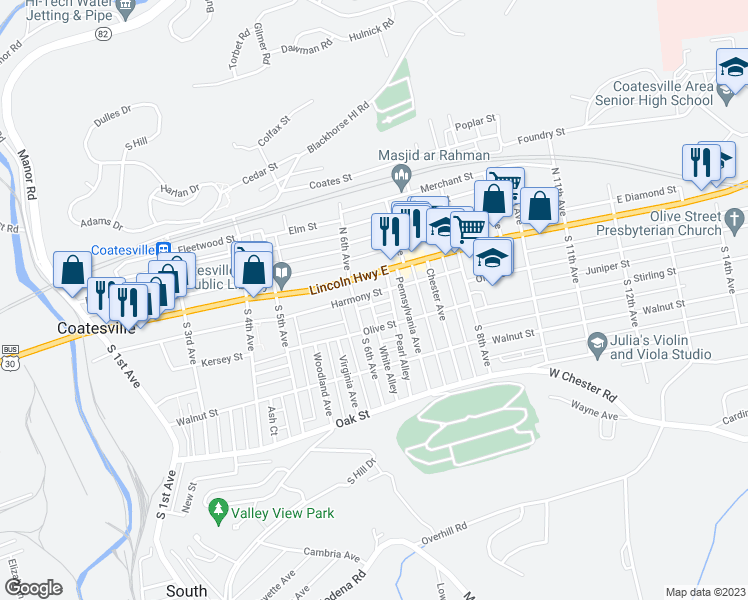 map of restaurants, bars, coffee shops, grocery stores, and more near 621 Belmont Street in Coatesville