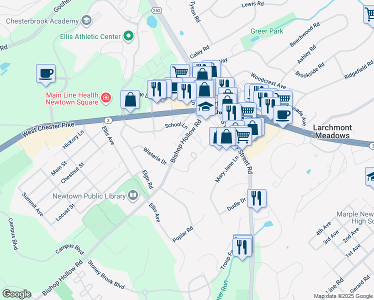 map of restaurants, bars, coffee shops, grocery stores, and more near 40 Bishop Hollow Road in Newtown Square