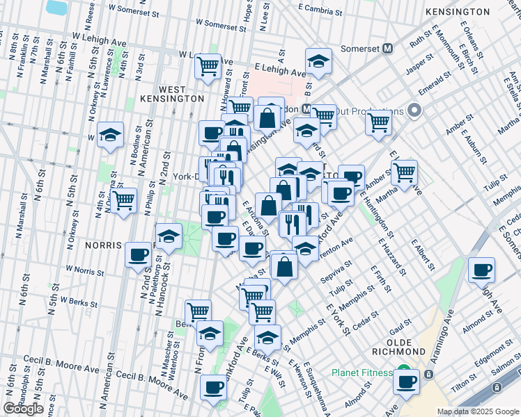 map of restaurants, bars, coffee shops, grocery stores, and more near 2004 East York Street in Philadelphia