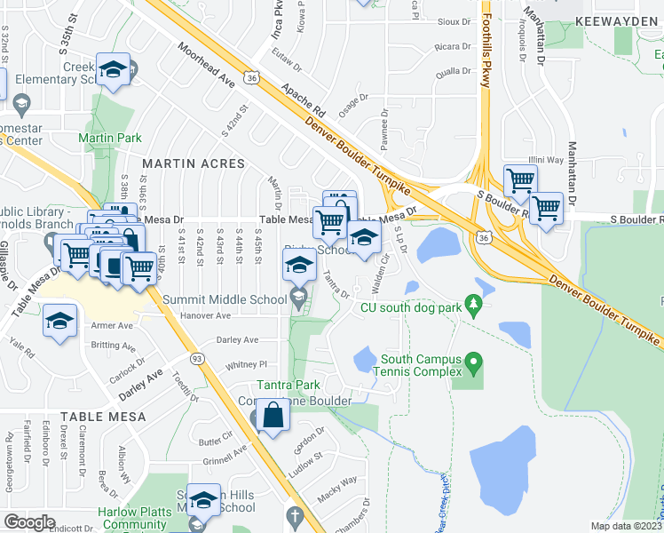 map of restaurants, bars, coffee shops, grocery stores, and more near 676 Tantra Drive in Boulder