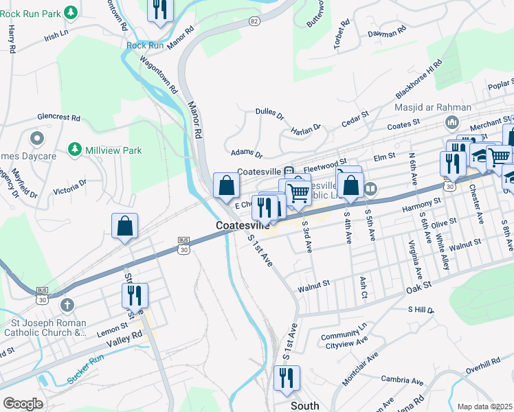 map of restaurants, bars, coffee shops, grocery stores, and more near 140 East Chestnut Street in Coatesville