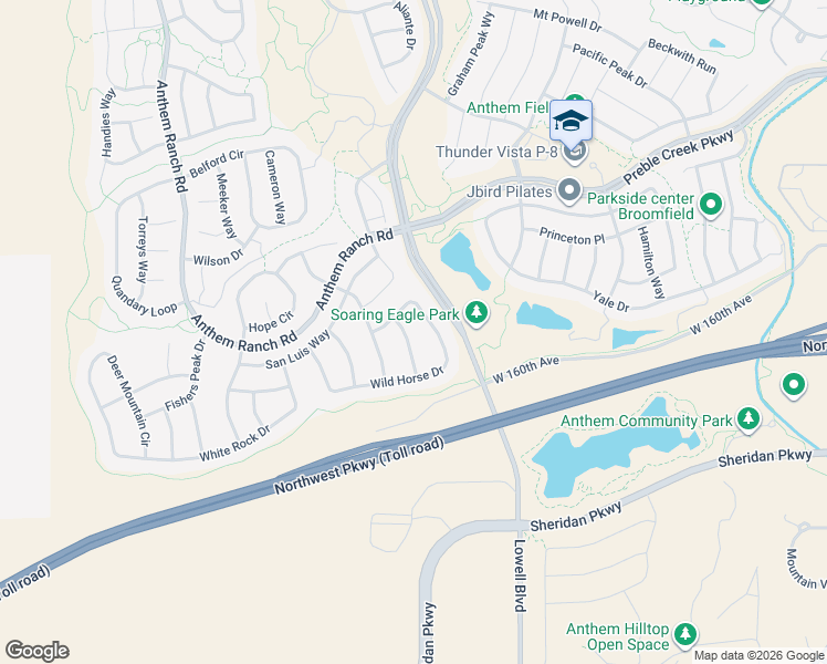 map of restaurants, bars, coffee shops, grocery stores, and more near 15851 Lavender Place in Broomfield