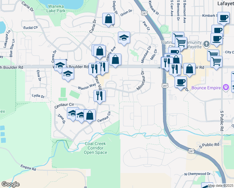 map of restaurants, bars, coffee shops, grocery stores, and more near 1410 Bacchus Drive in Lafayette