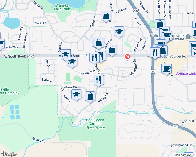 map of restaurants, bars, coffee shops, grocery stores, and more near 24 Centaur Court in Lafayette