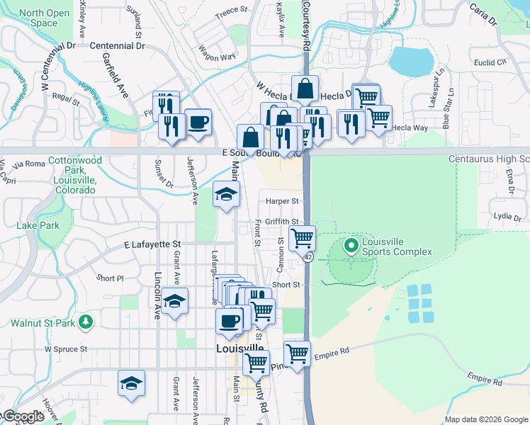 map of restaurants, bars, coffee shops, grocery stores, and more near 1412 Front Street in Louisville