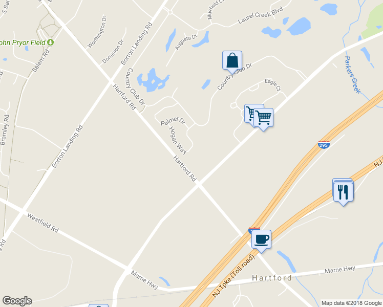 map of restaurants, bars, coffee shops, grocery stores, and more near 25 Hogan Way in Moorestown