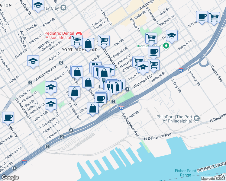 map of restaurants, bars, coffee shops, grocery stores, and more near 3204 Tilton Street in Philadelphia