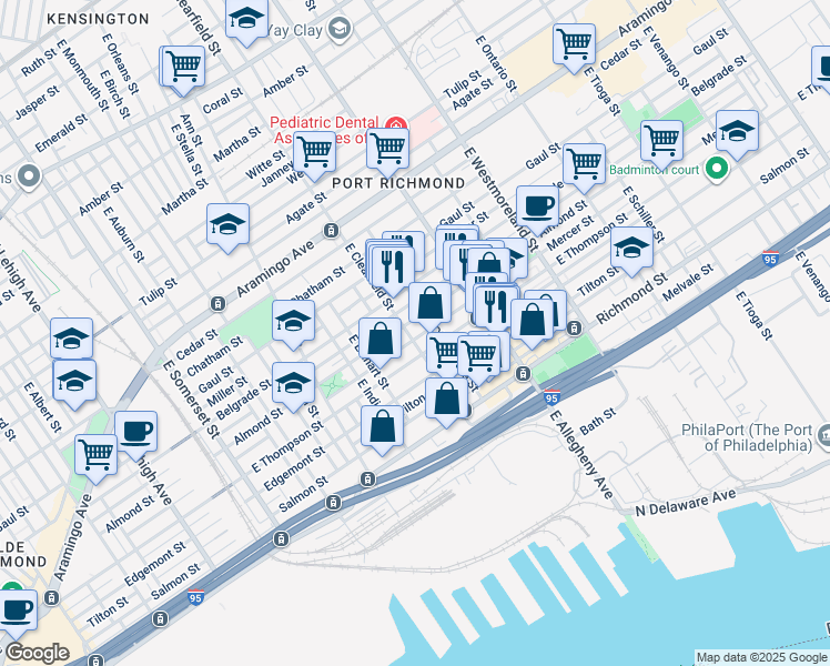 map of restaurants, bars, coffee shops, grocery stores, and more near 3114 East Thompson Street in Philadelphia
