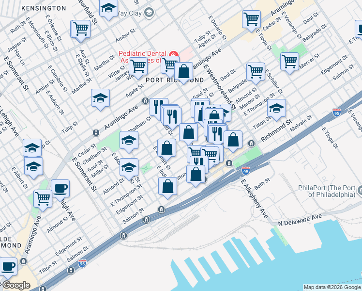 map of restaurants, bars, coffee shops, grocery stores, and more near 3069 Almond Street in Philadelphia