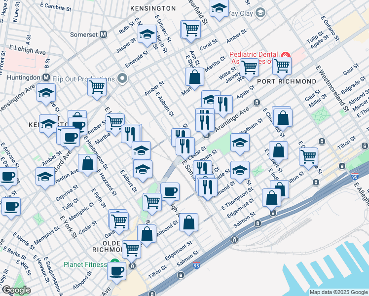 map of restaurants, bars, coffee shops, grocery stores, and more near 2820 Aramingo Avenue in Philadelphia