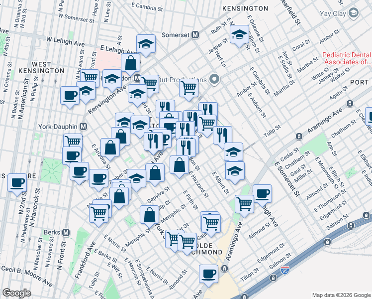 map of restaurants, bars, coffee shops, grocery stores, and more near 2134 East Hazzard Street in Philadelphia