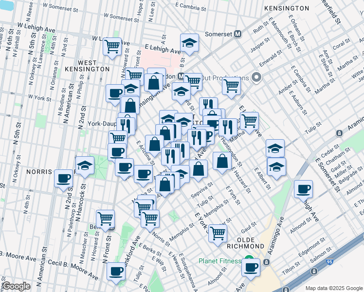 map of restaurants, bars, coffee shops, grocery stores, and more near 2054 East Letterly Street in Philadelphia