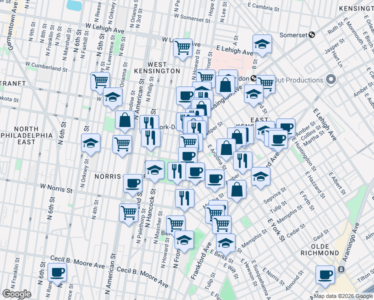 map of restaurants, bars, coffee shops, grocery stores, and more near 2222 North Howard Street in Philadelphia