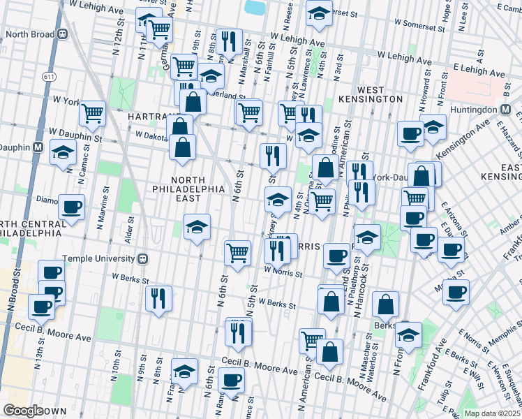 map of restaurants, bars, coffee shops, grocery stores, and more near 2155 North Reese Street in Philadelphia