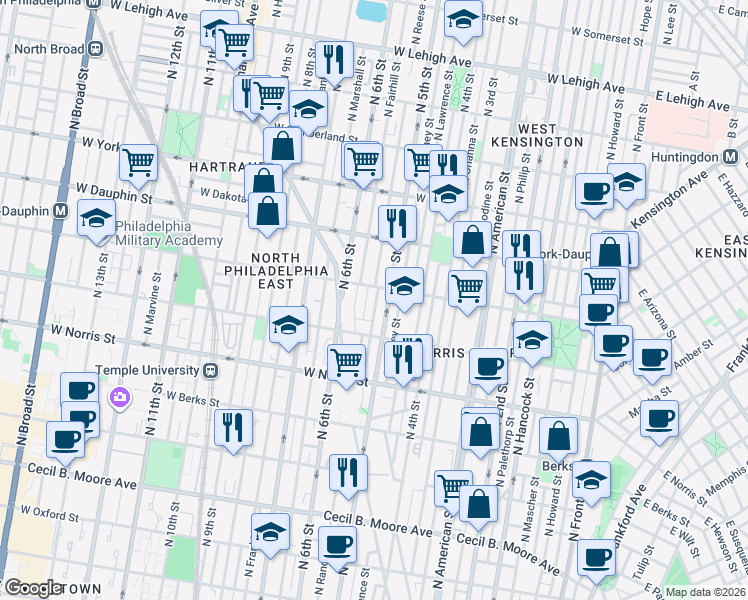 map of restaurants, bars, coffee shops, grocery stores, and more near 2142 North Reese Street in Philadelphia