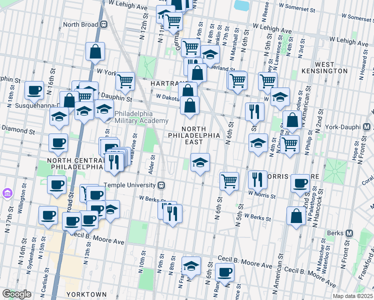 map of restaurants, bars, coffee shops, grocery stores, and more near 2123 North 8th Street in Philadelphia