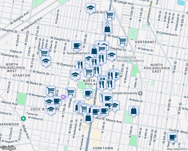 map of restaurants, bars, coffee shops, grocery stores, and more near 2029 North Carlisle Street in Philadelphia