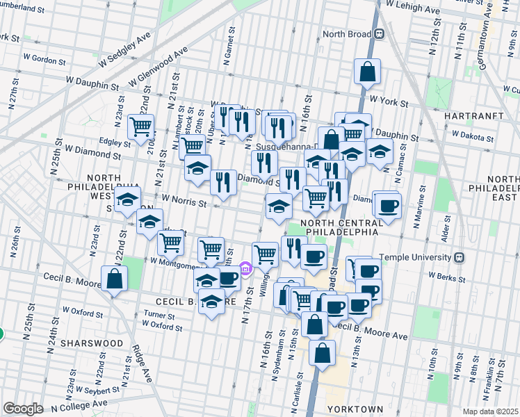map of restaurants, bars, coffee shops, grocery stores, and more near in Philadelphia