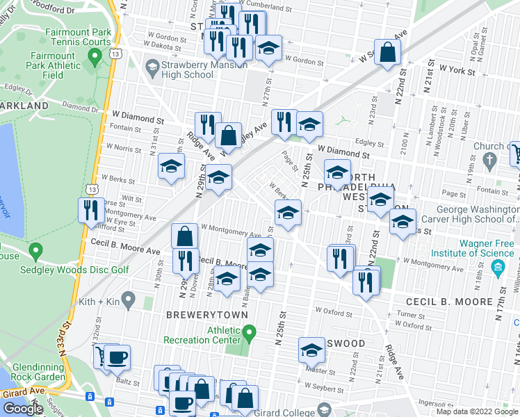 map of restaurants, bars, coffee shops, grocery stores, and more near 2614 Ridge Avenue in Philadelphia