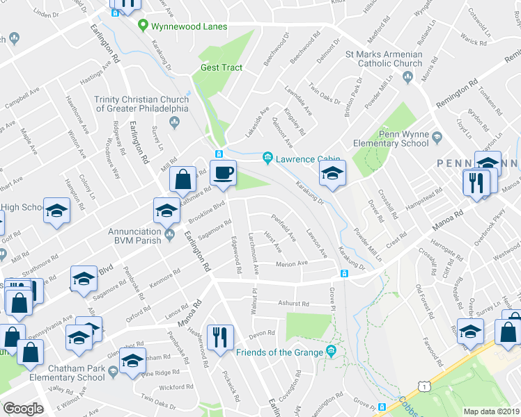 map of restaurants, bars, coffee shops, grocery stores, and more near 602 Penfield Avenue in Havertown