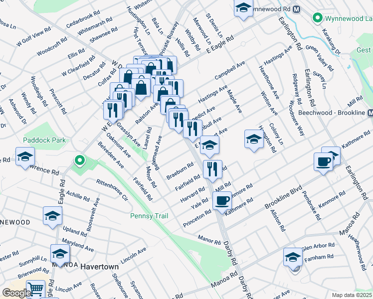 map of restaurants, bars, coffee shops, grocery stores, and more near 1900 Darby Road in Havertown