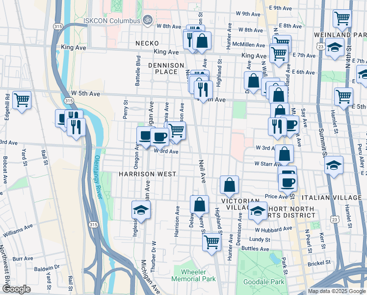 map of restaurants, bars, coffee shops, grocery stores, and more near 354 West 3rd Avenue in Columbus