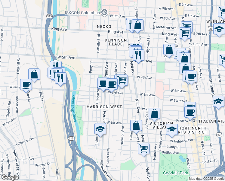 map of restaurants, bars, coffee shops, grocery stores, and more near 410 West 3rd Avenue in Columbus