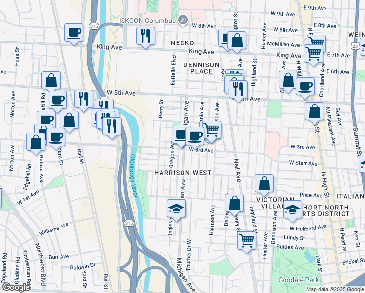 map of restaurants, bars, coffee shops, grocery stores, and more near 460 West 3rd Avenue in Columbus