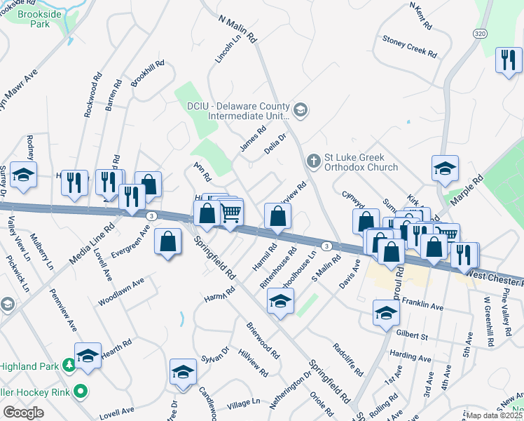 map of restaurants, bars, coffee shops, grocery stores, and more near 9 James Road in Broomall