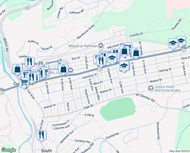map of restaurants, bars, coffee shops, grocery stores, and more near 625 Belmont Street in Coatesville