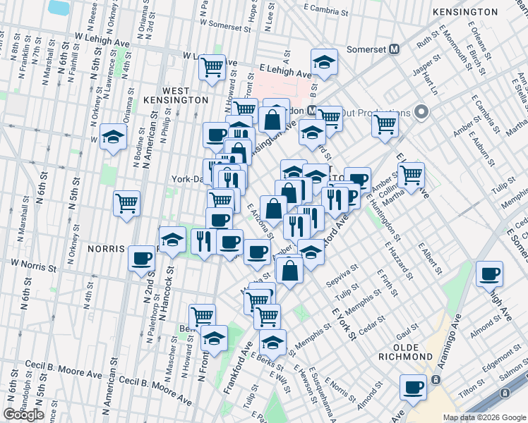 map of restaurants, bars, coffee shops, grocery stores, and more near 2001 East Arizona Street in Philadelphia
