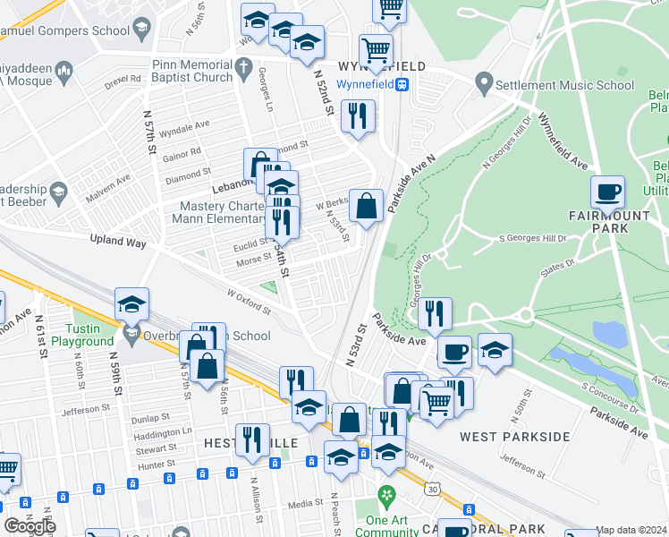 map of restaurants, bars, coffee shops, grocery stores, and more near 1752 North Peach Street in Philadelphia